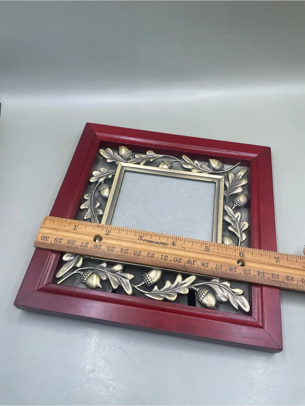 VTG Burnes Of Boston 2 Tone Metal Acorns Wood Easel Back Photo Frame 3.5x3.5”